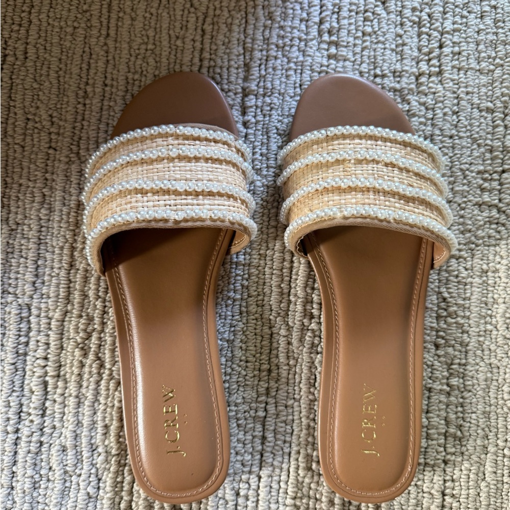 J. Crew Tan Slide Mules with Ivory Beaded Straps